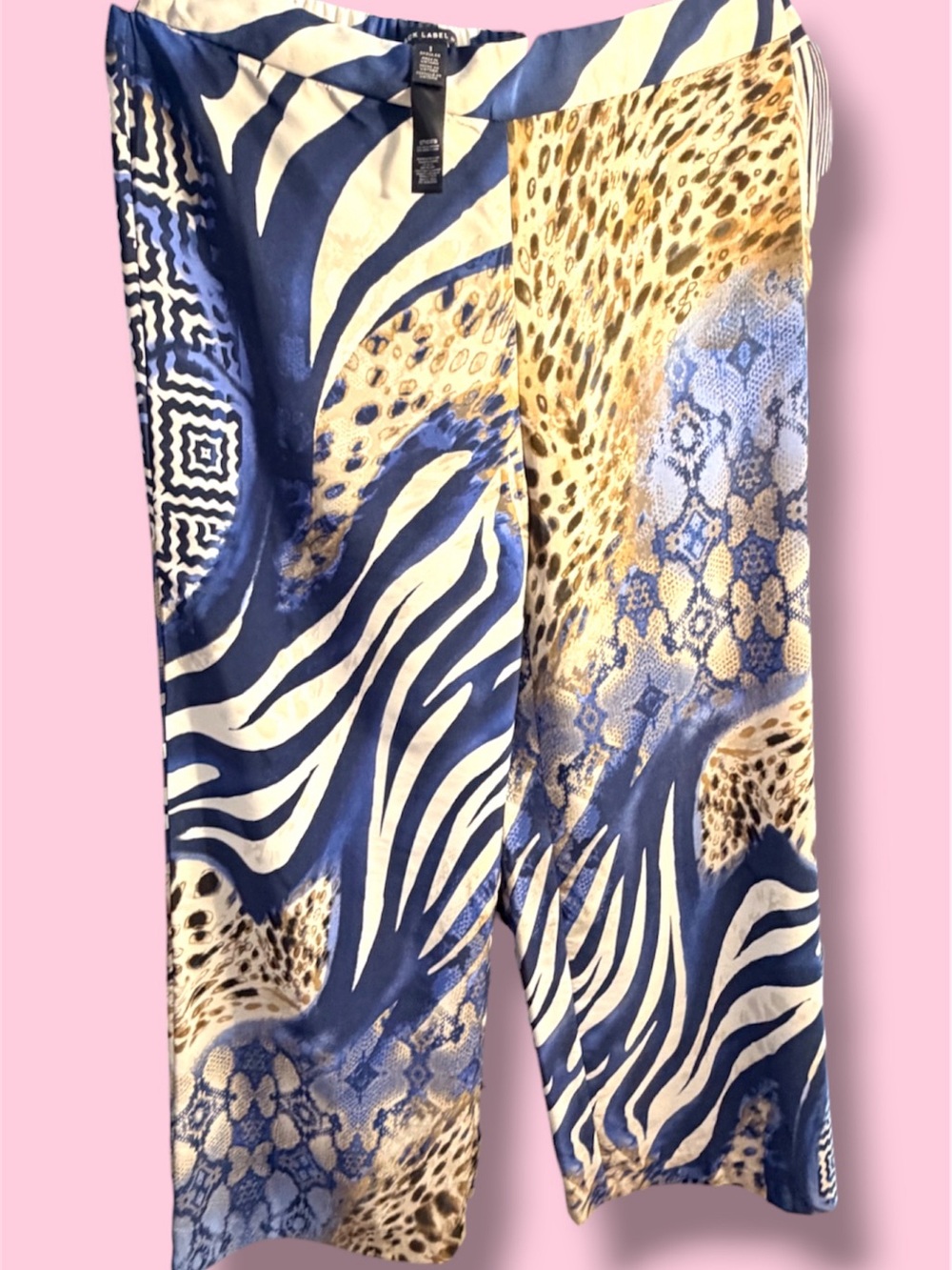 Black Label Mixed Animal-Print Wide Leg Capris in Blue, Cream & Tan